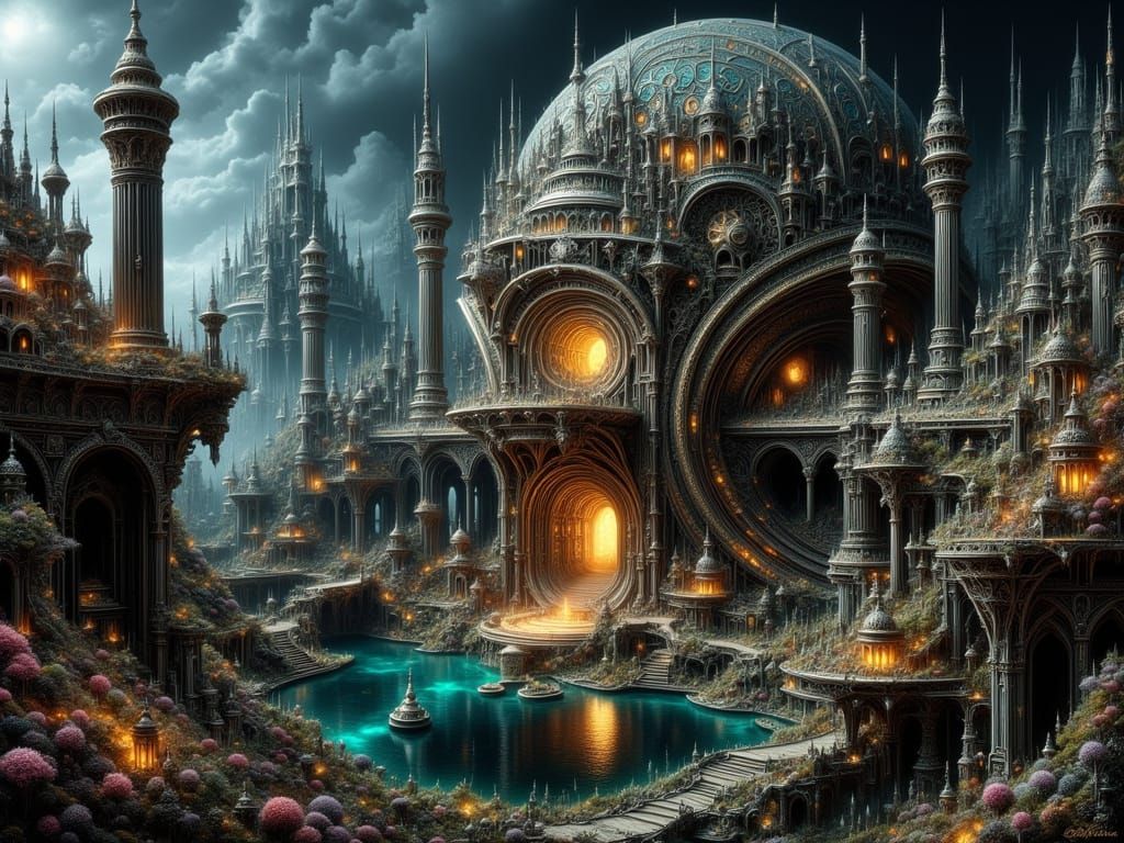 Mystical Alien Landscape with Gothic Steampunk Architecture