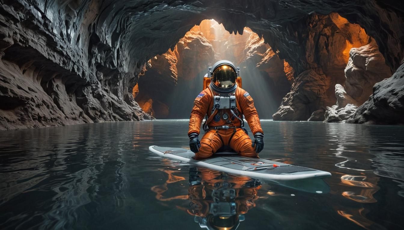 Astronaut's Surreal Surf: A Cinematic Space Dream