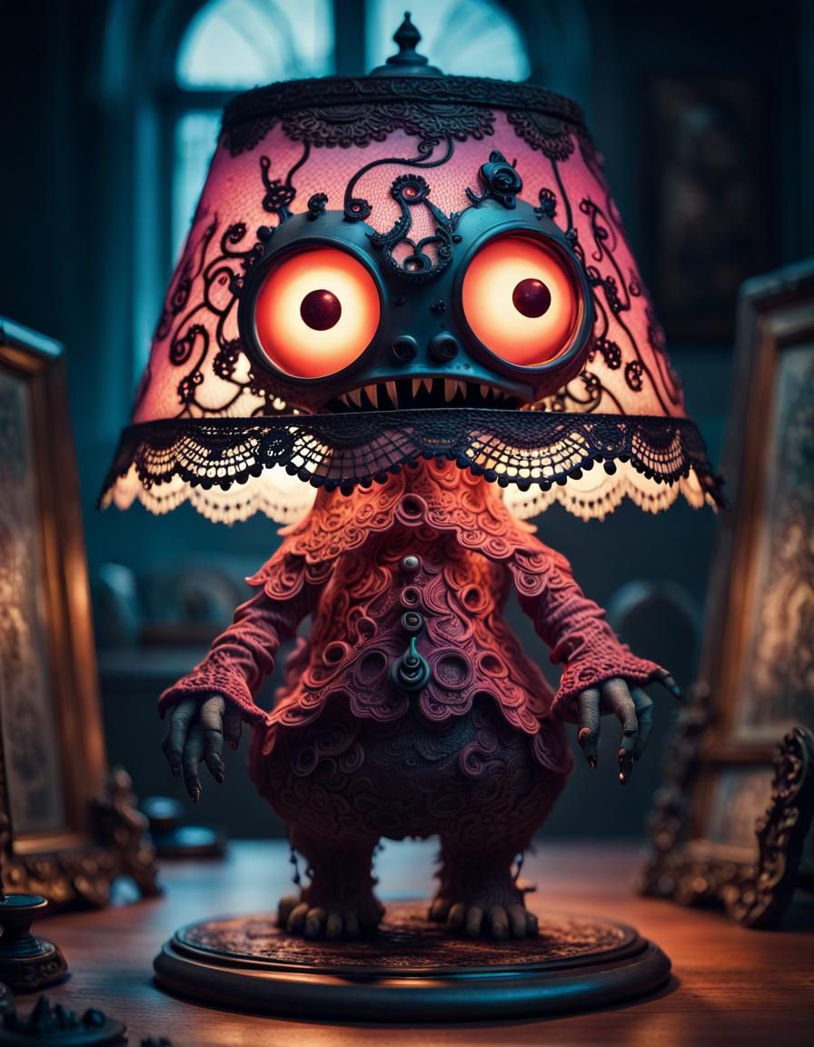 Adorable Victorian Lace Lampshade Monster in Digital Art