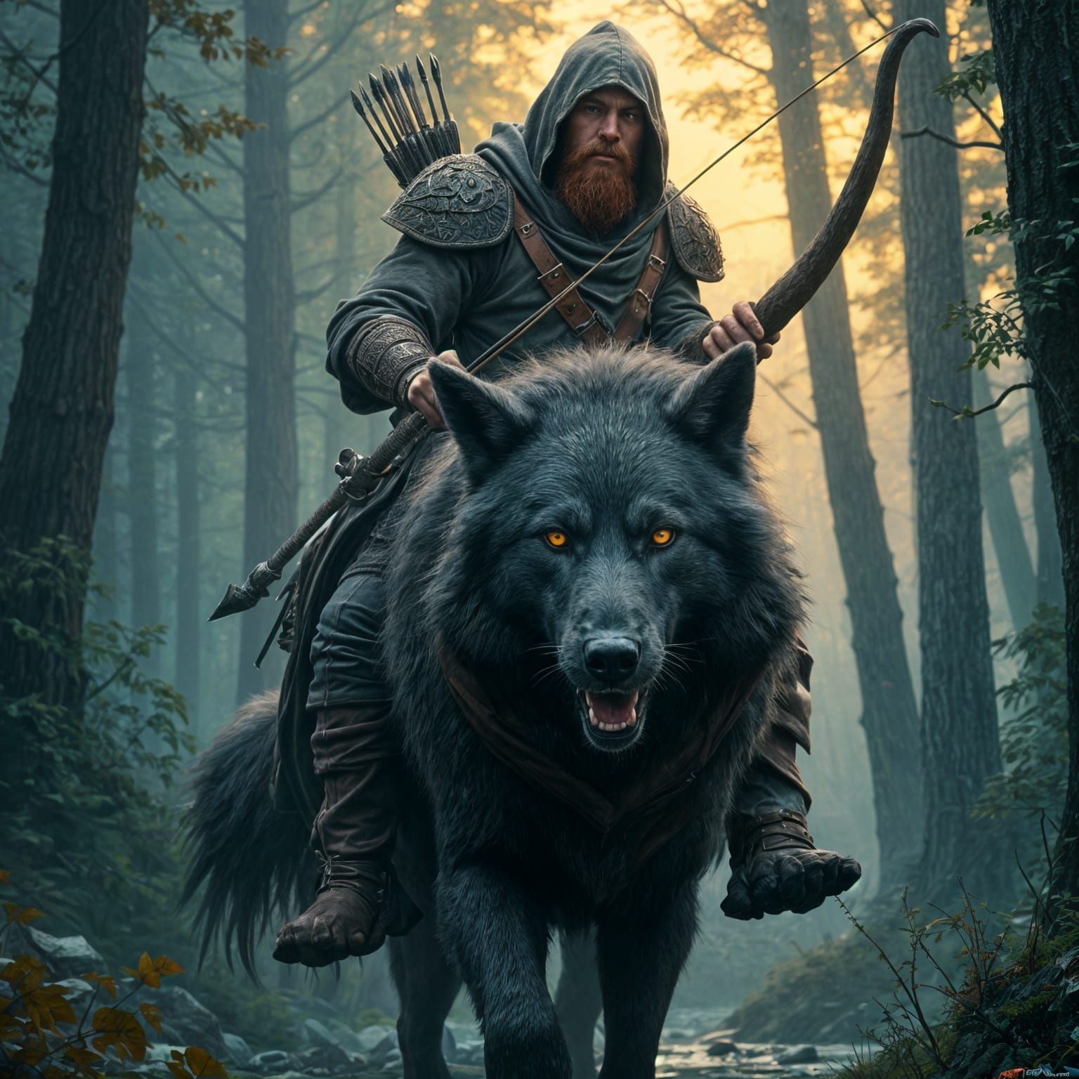 Ranger Archer on Dire Wolf in Rainy Forest