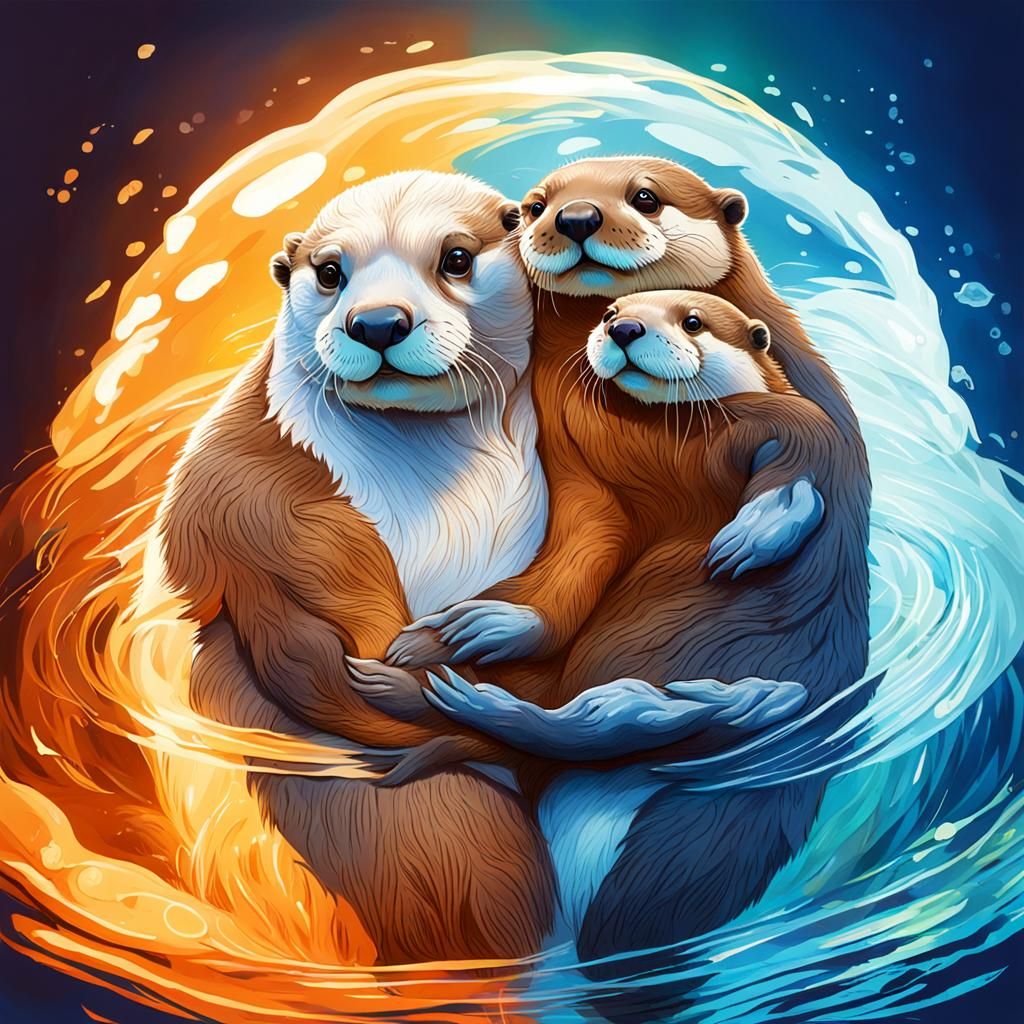 Realistic Otters Floating in Ocean with Baby