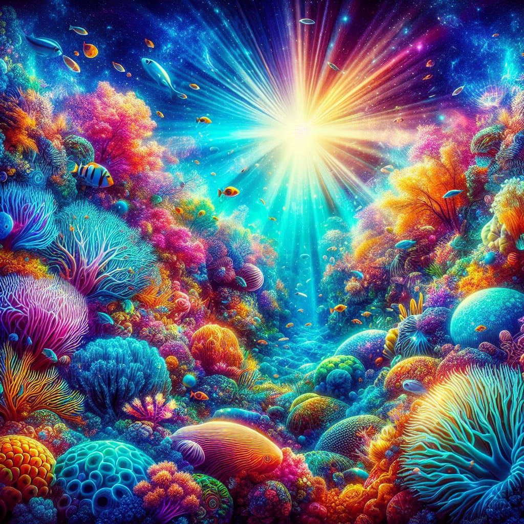 Psychedelic Underwater Seascape with Coral and Fish