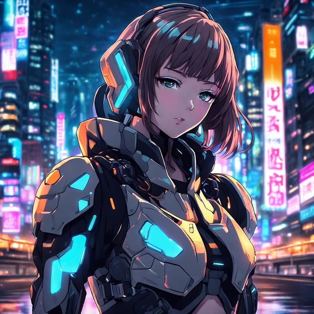 Cyborg Girl Portrait in a Neon Anime Style
