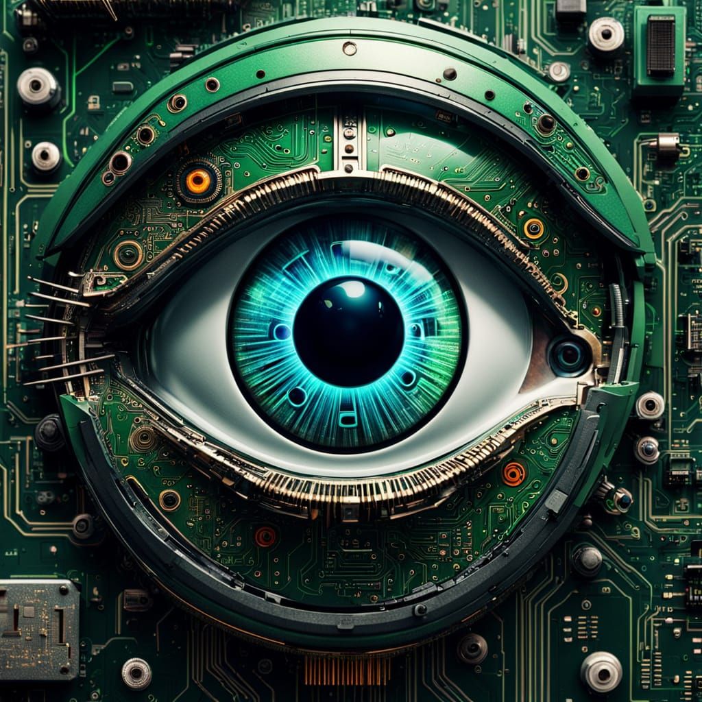 Surreal Cyberpunk Construct with Mechanical Eye in Neon Circ...