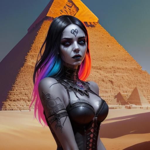 Gothic Necromancer at the Pyramids in Hyperrealism