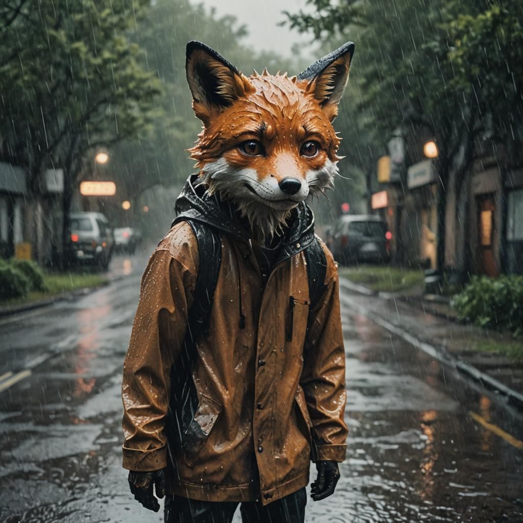 Sad Fox-Boy Crying in Rain: Cinematic Still