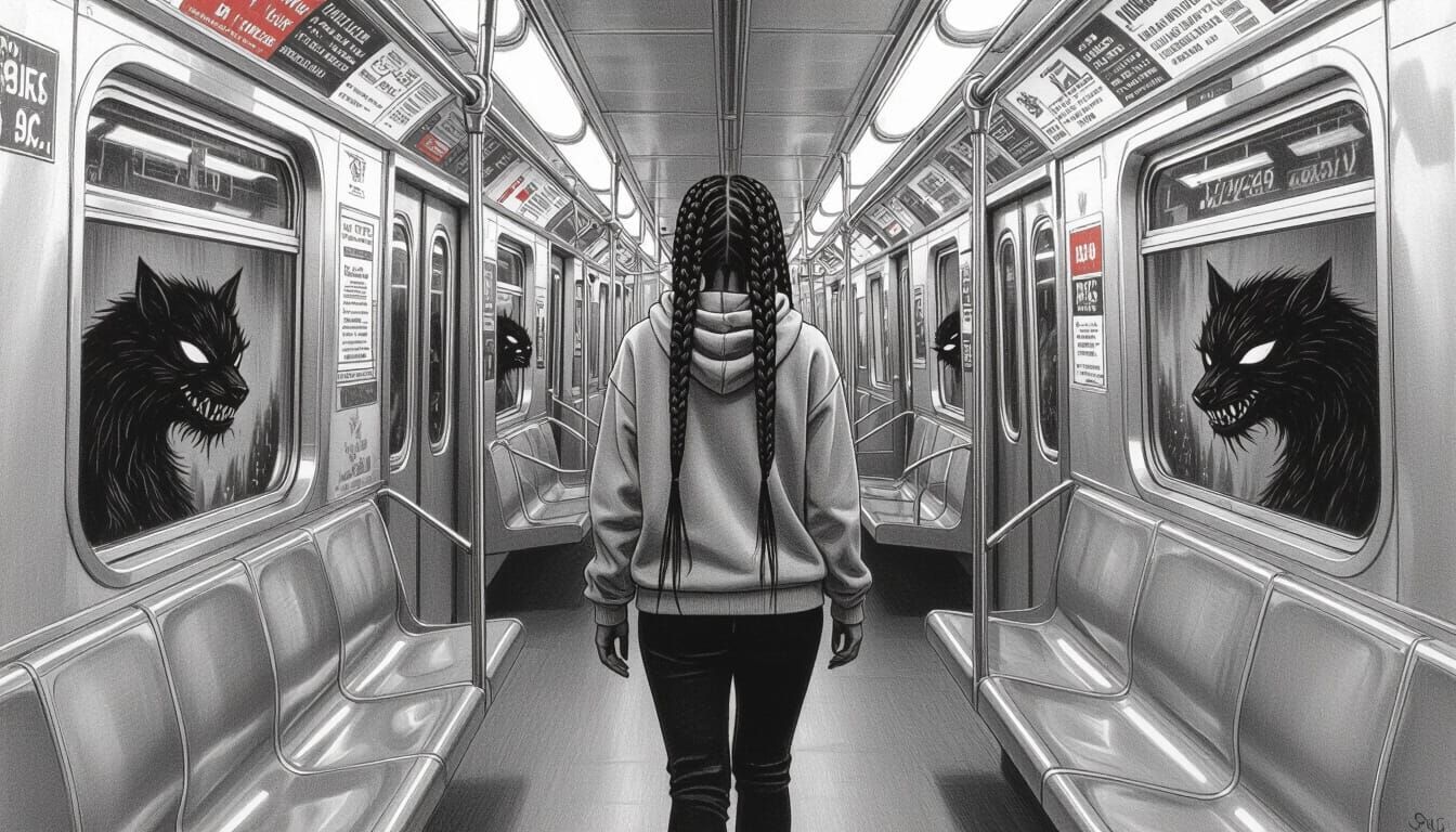 Black and White Pencil Sketch of Woman in Surreal NYC Subway