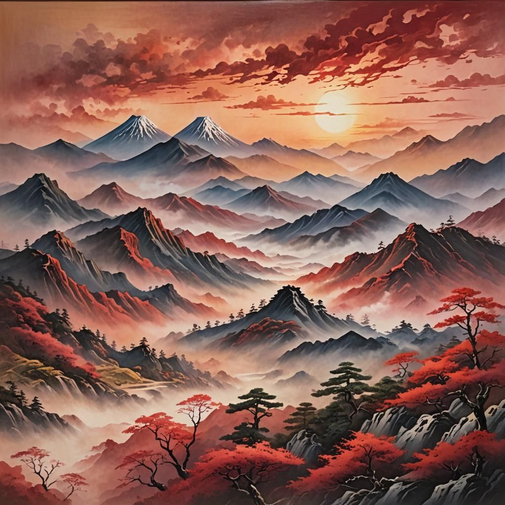 Japanese Mountain Sunset: Oil Painting Style