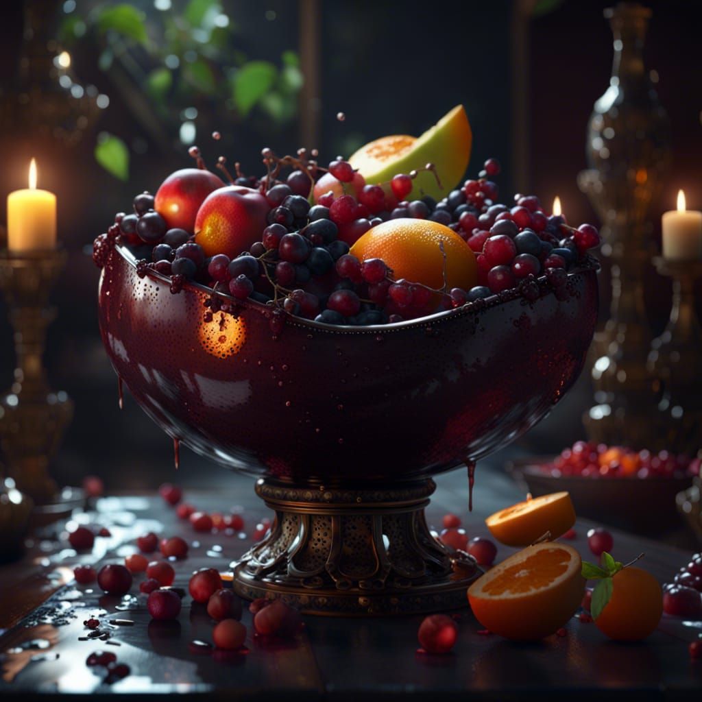 Fruit Bowls in Red Wine Bath, Art Nouveau Style