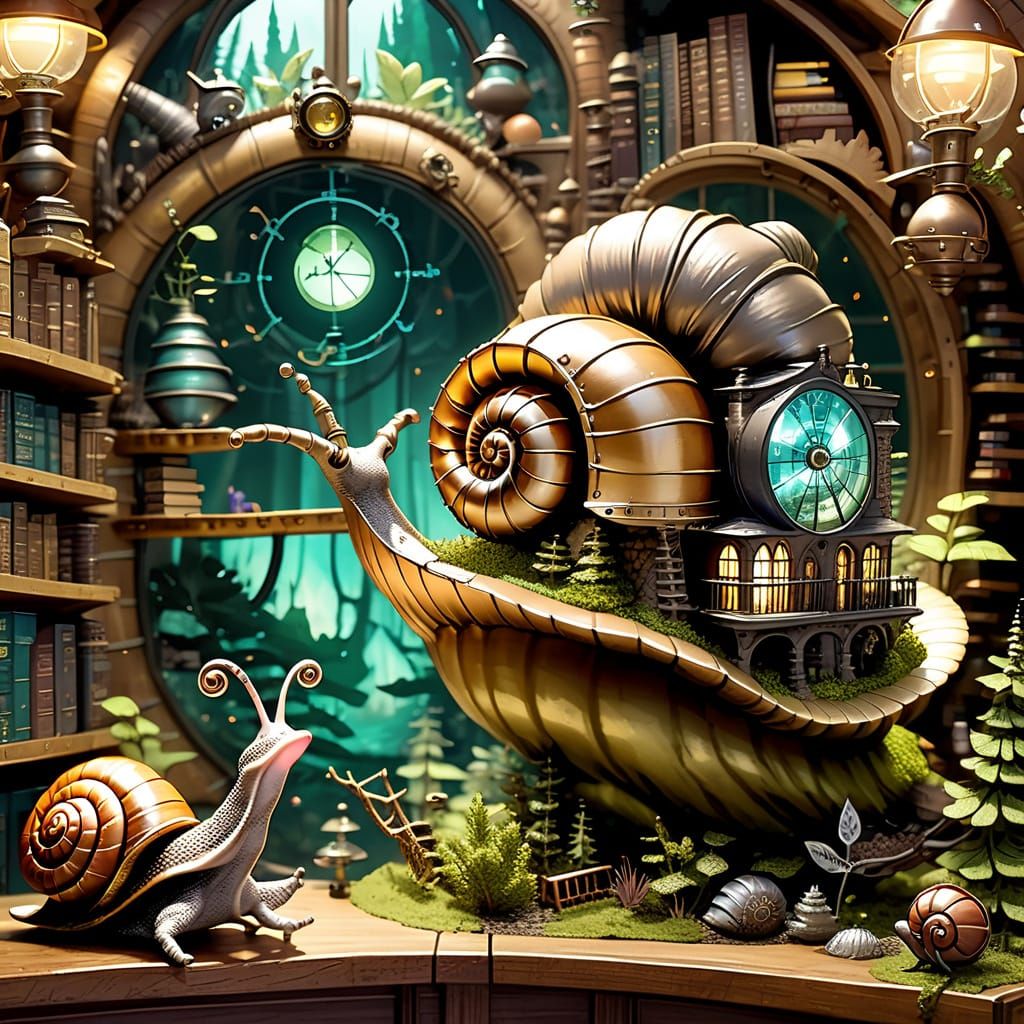 Steampunk Snail Library in Bioluminescent Forest