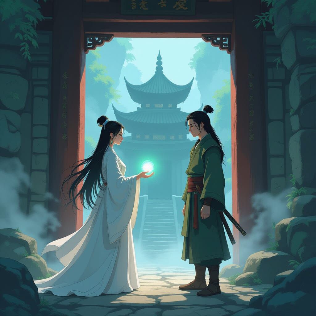 Mystical Temple Gate with Glowing Pendant, Dreamy Illustrati...