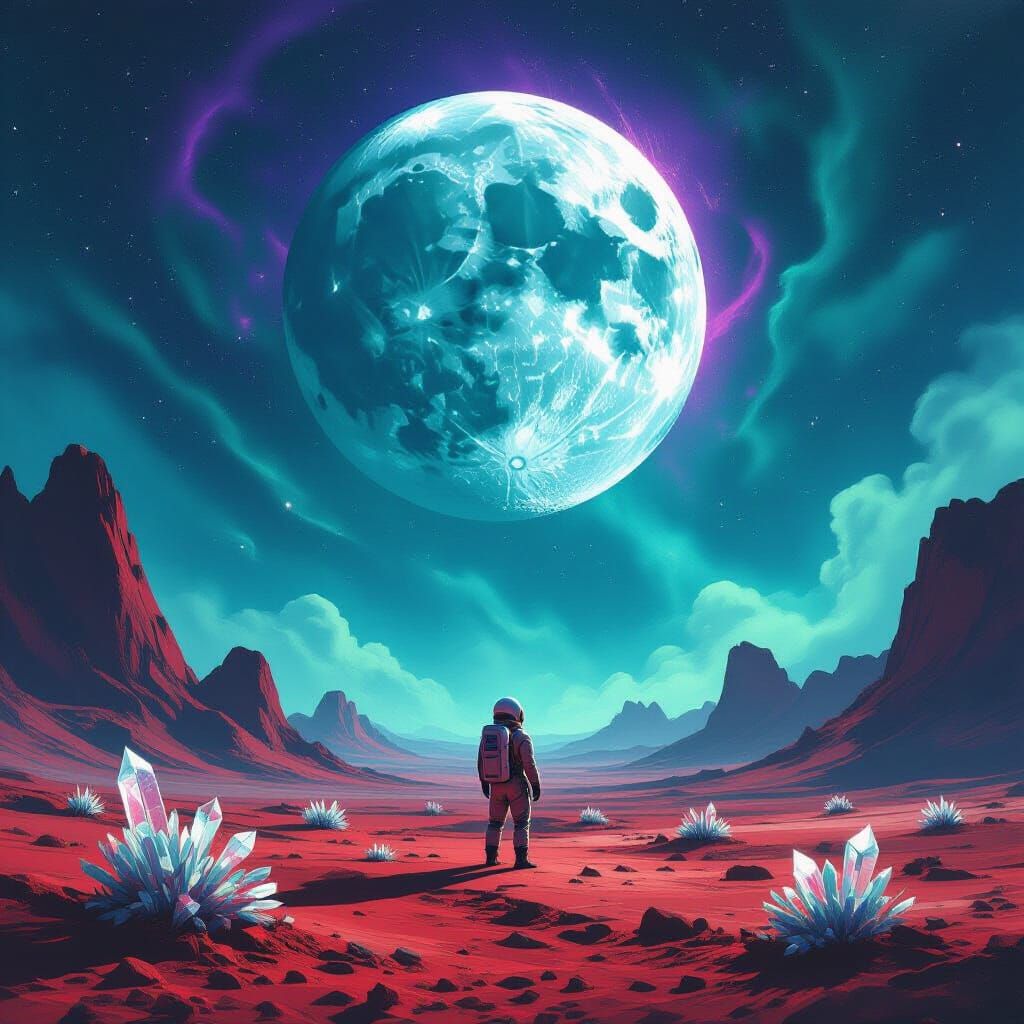 Astronaut Gazes at Shattered Moon on Alien World