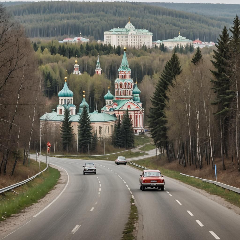 Car Driving Through Russia: Forest and Soviet Architecture