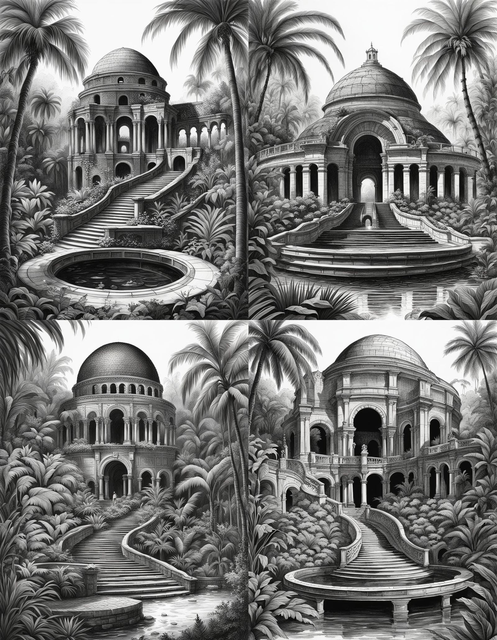 Domed Ruins in Tropical Setting: Black and White Drawing