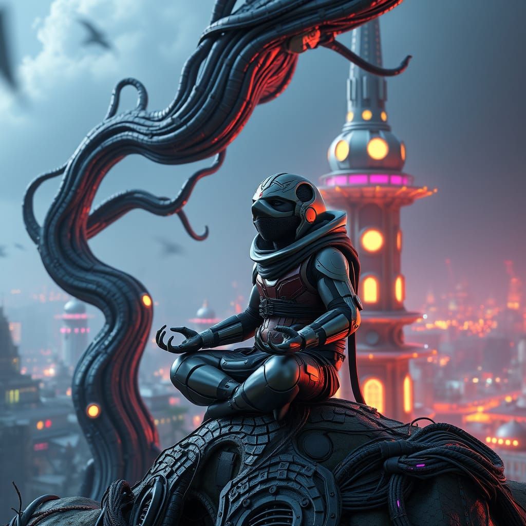 Sloth Ninja Meditating in Futuristic Village