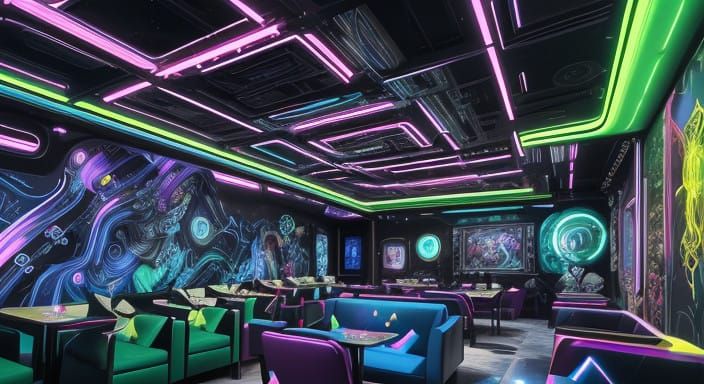 Maximalism, whimsical, surreal, futuristic cafe with pictures on the walls and cyborgs, sitting, chatting, painting and ...