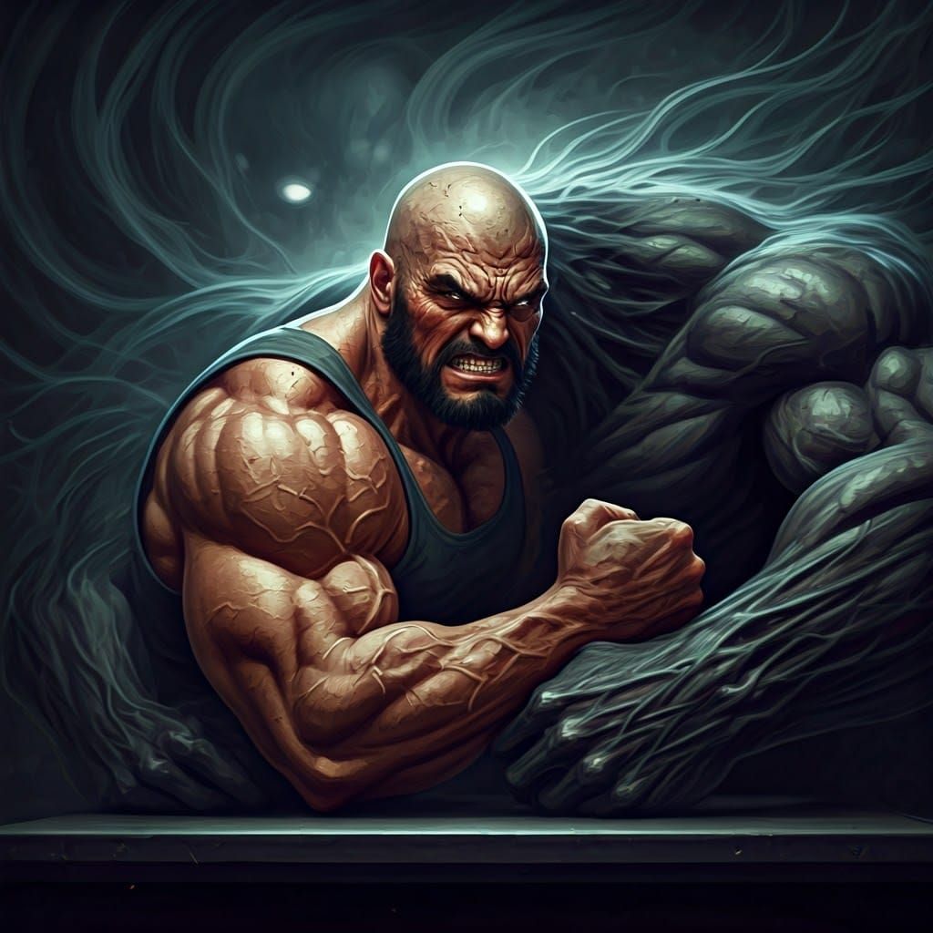 Intense Arm Wrestling Match in Dark Surreal Style