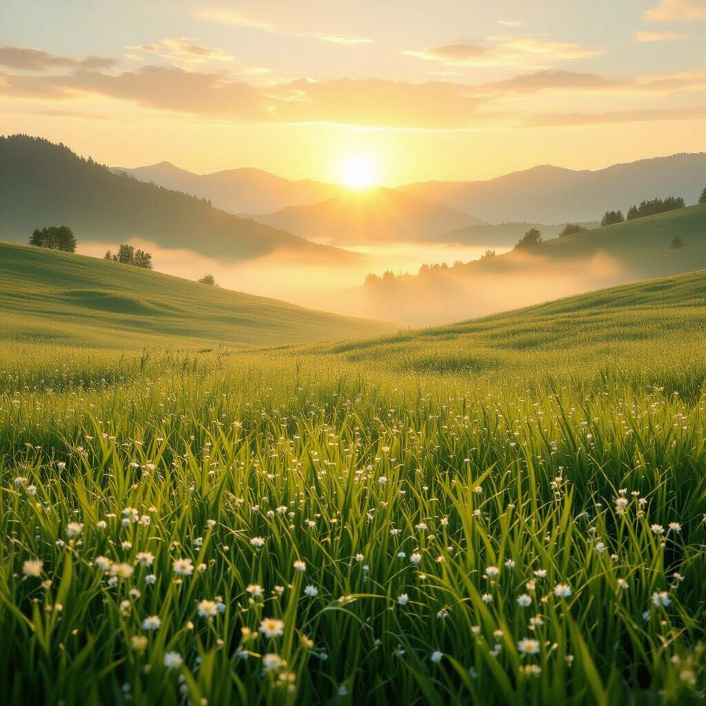 Ethereal Sunrise Over Misty Green Valley with Wildflowers