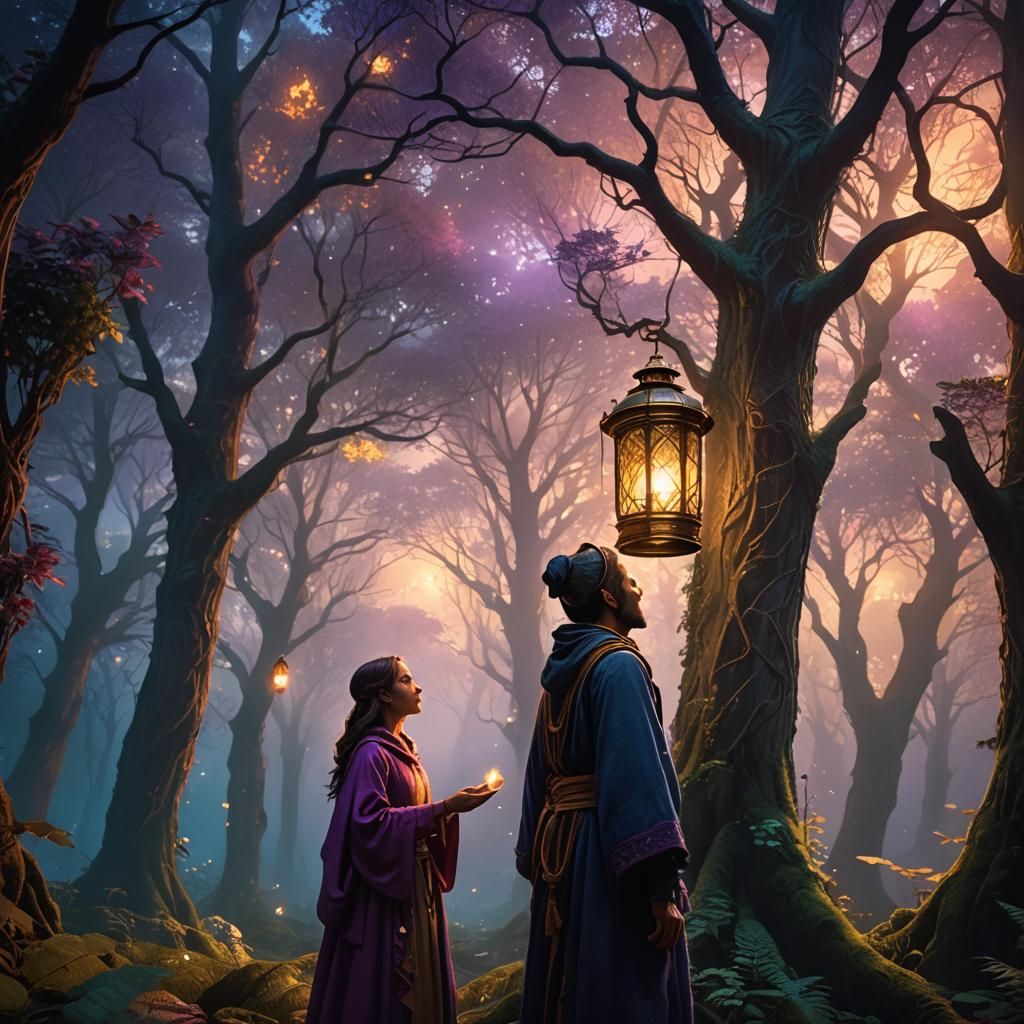 Mystical Figure with Lantern in Enchanted Forest