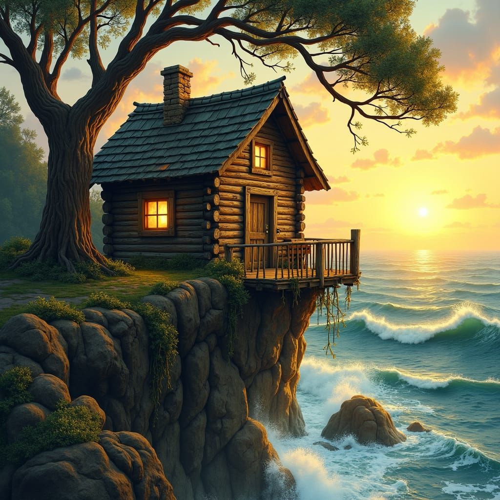 Seaside Log Cabin at Sunset: Folk Art Impression