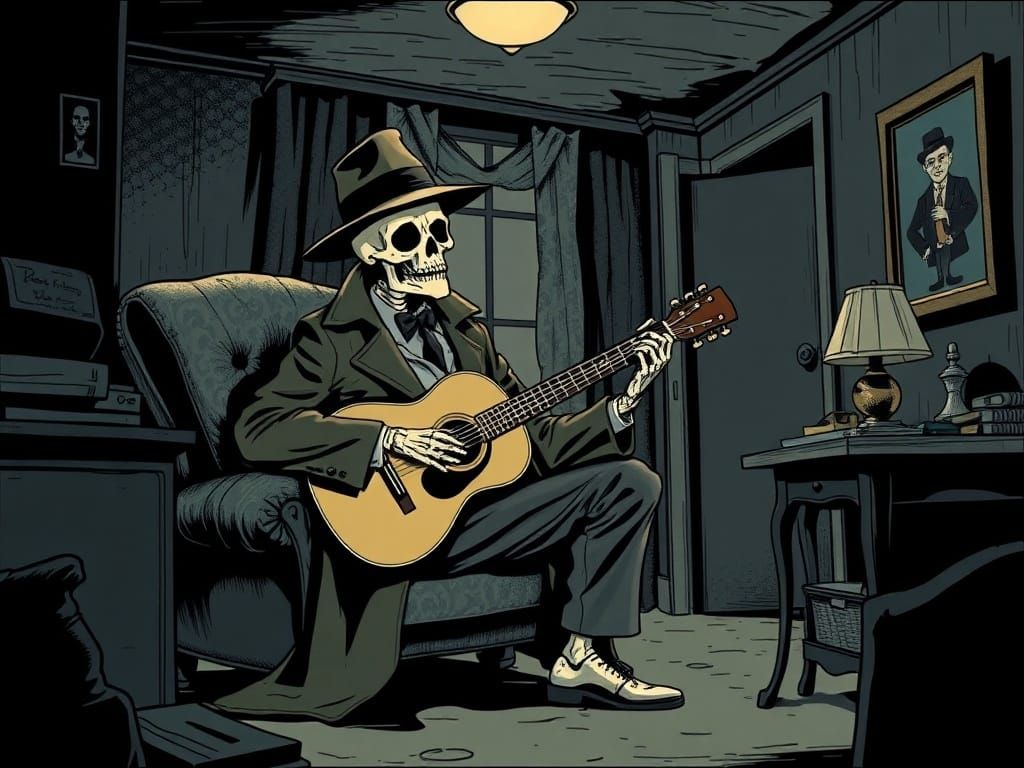 Skeleton Musician in 1940s Detective Comic Style