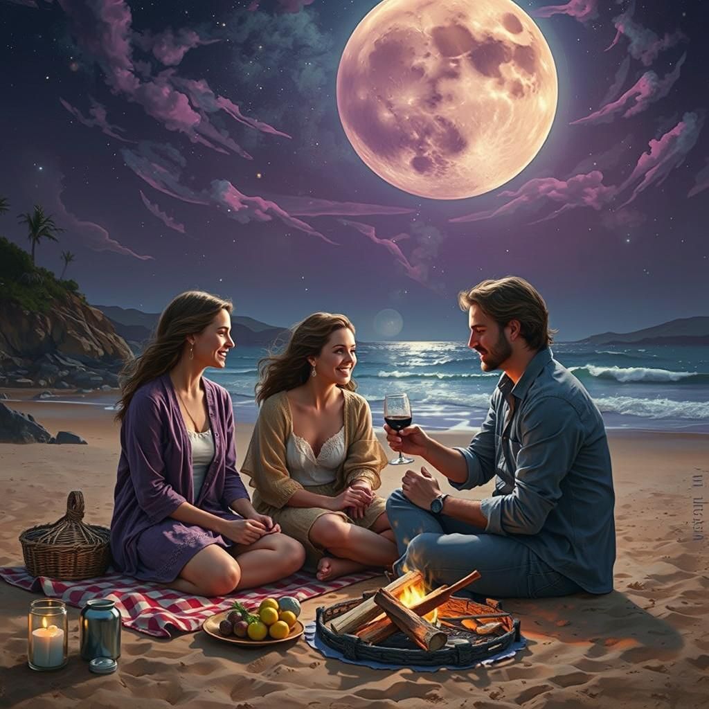 Romantic Beach Picnic Under a Full Moon