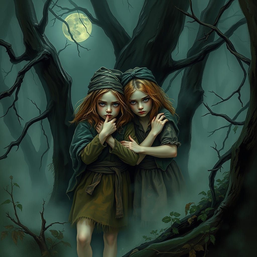 Dark Forest Sisters Huddle in Fear Under Moonlit Shadows