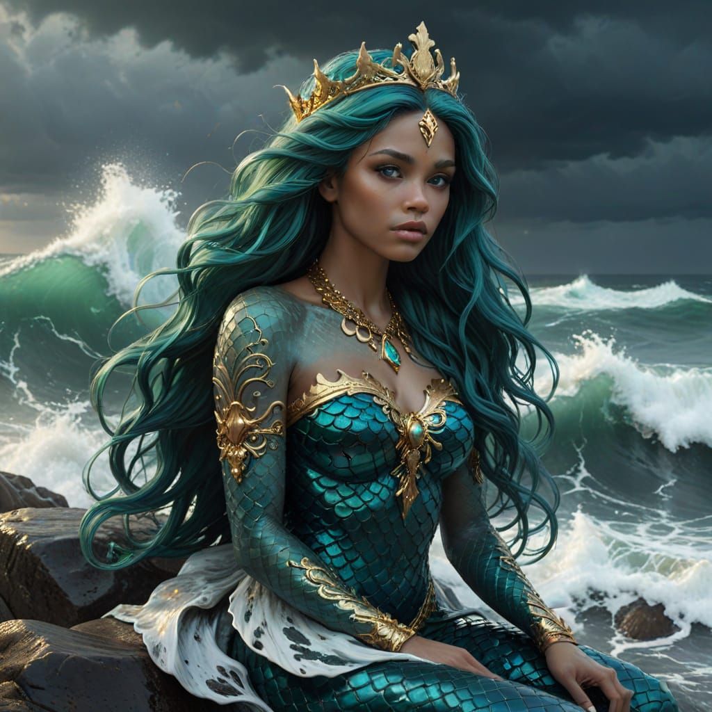 Ethereal Mermaid Sits on Rock, Gold Accents, Dark Fantasy