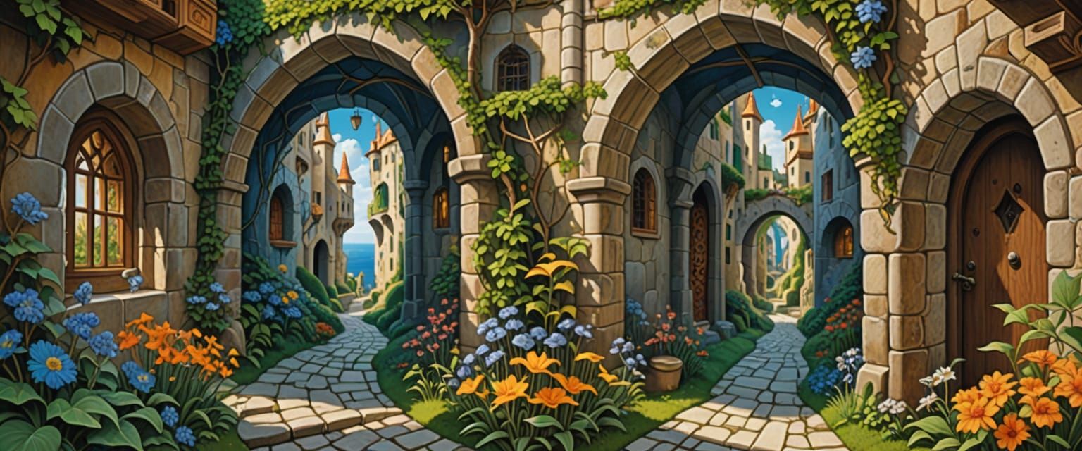 Fantasy Dungeon Passageway to Garden in Watercolor Style