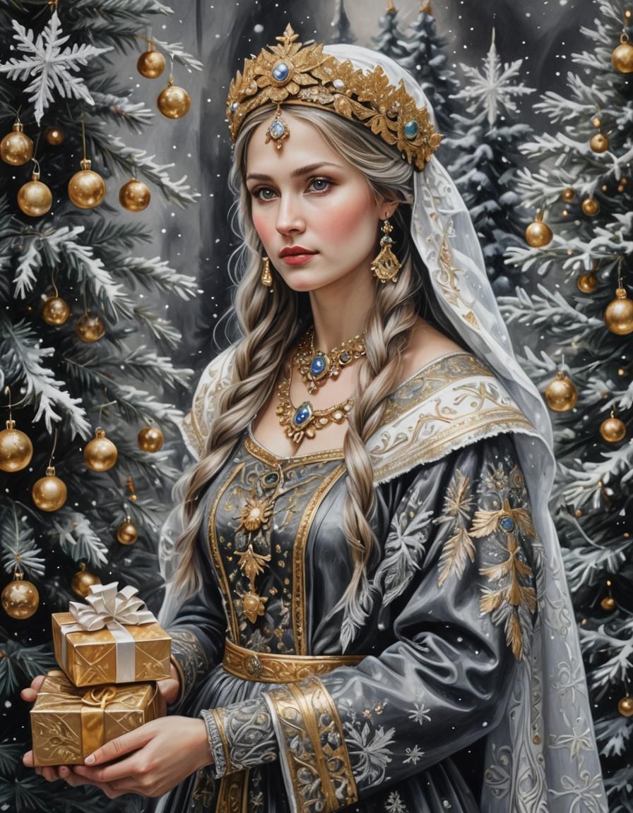 Slavic Snow Maiden Charcoal Portrait in USSR Poster Style