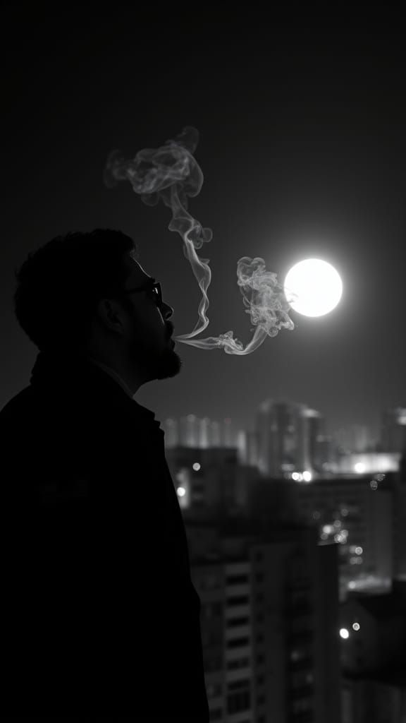 Noir Midnight: Man Smoking Under Moonlight