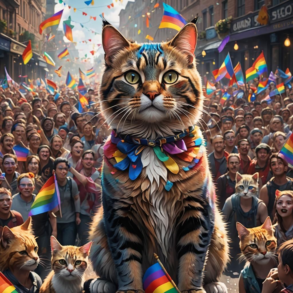 Pride Cat at LGBT+ Parade, Detailed Digital Painting