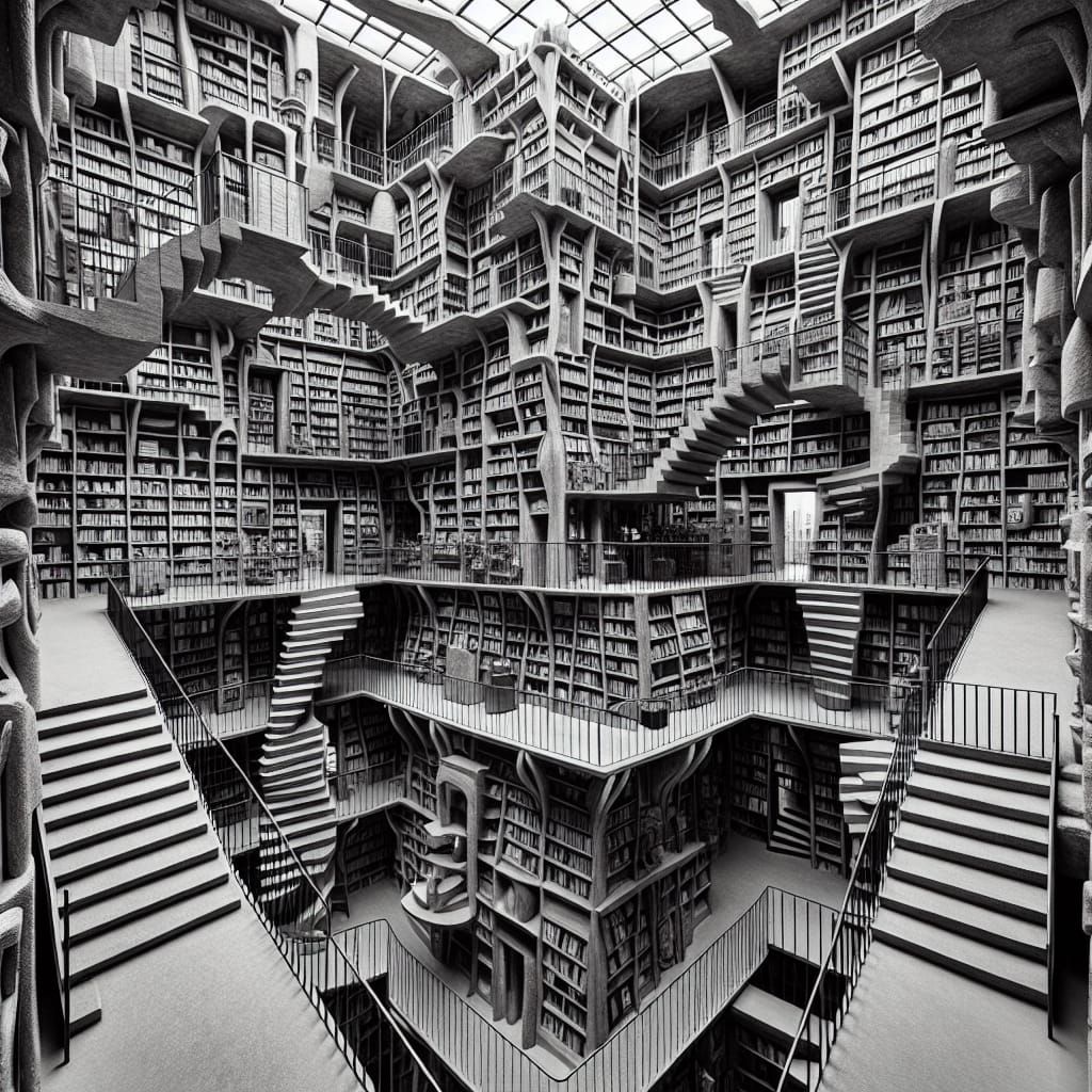 Surreal Bookstore Maze Inspired by Die Brücke