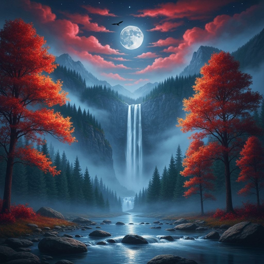 Fantasy Waterfall Under Red Moonlit Sky