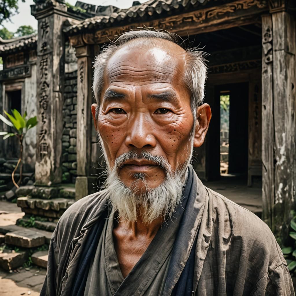 Wise Old Asian Man in Ancient Ruins