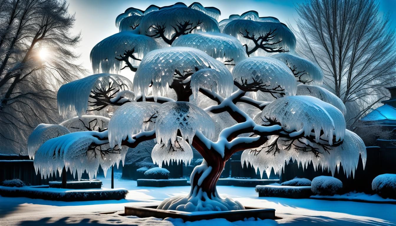 Glass Cherry Tree Ice Sculpture in Winter Garden