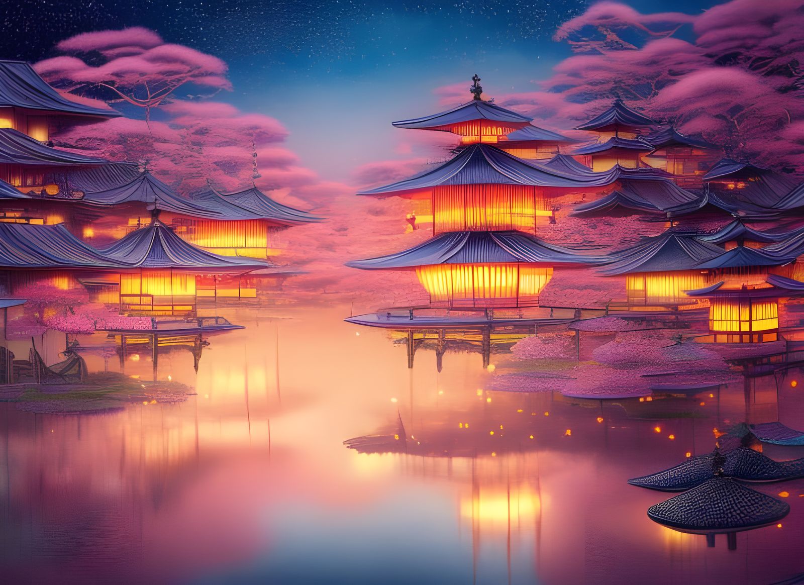 Dreamy Japanese Village with Pink Sparkles
