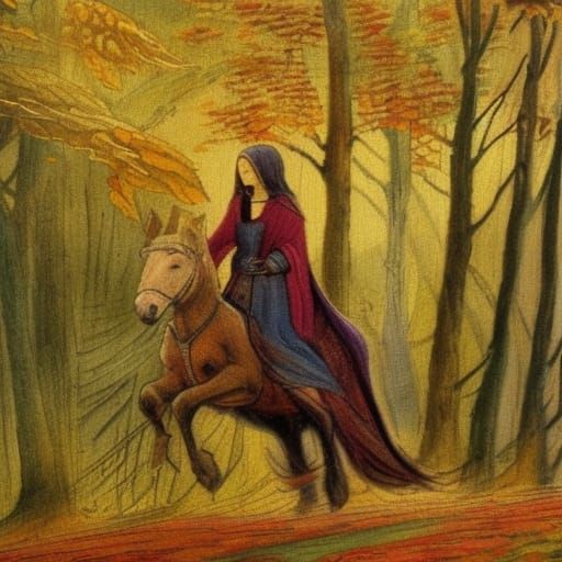 Arwen Rides Dark Horse in Autumn Forest