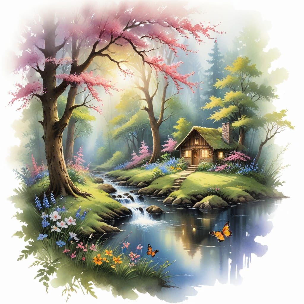 Peaceful Woodland Retreat in Vibrant Spring Colors