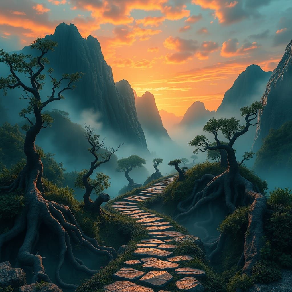 Mystical Blue Mountain Landscape in Matte Painting Style
