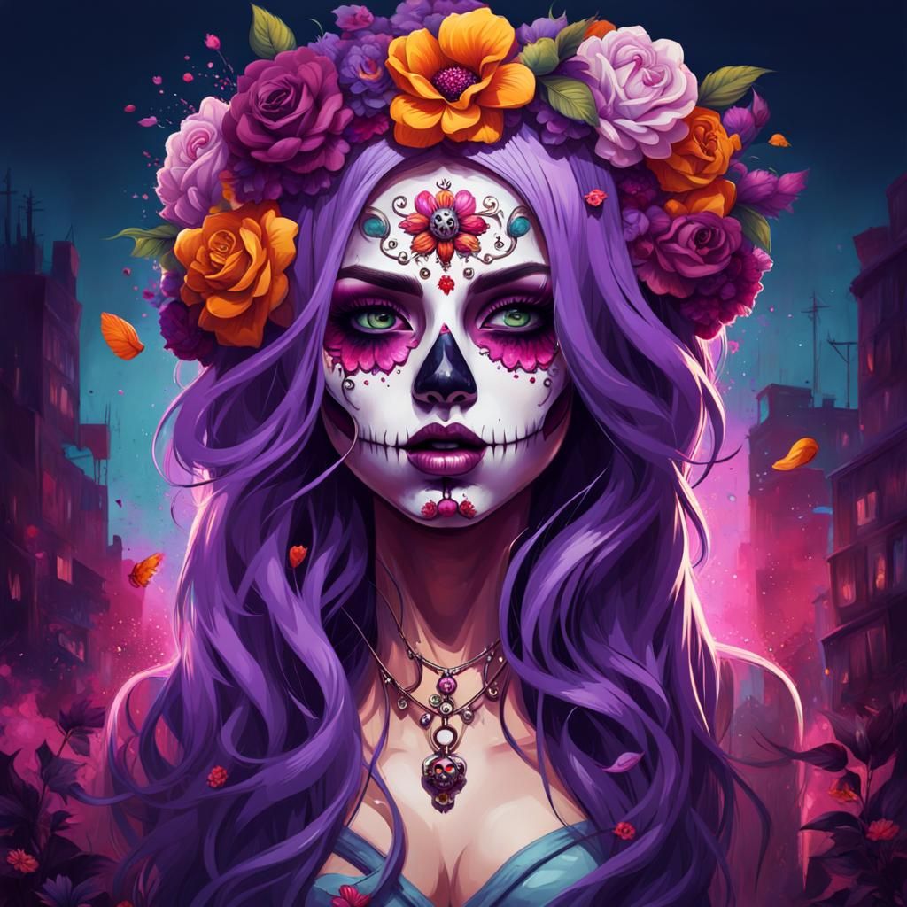 Colorful Zombie Girl with Sugar Skull Makeup in Graffiti Art