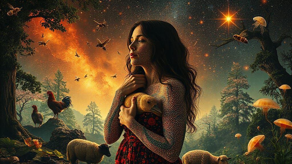 Surreal Woman's Cosmic Transformation in Enchanted Forest