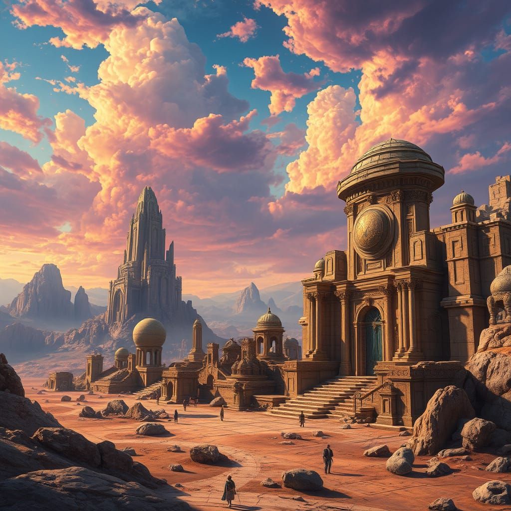 Majestic Sci-Fi Landscape with Ancient Ruins and Vibrant Ski...