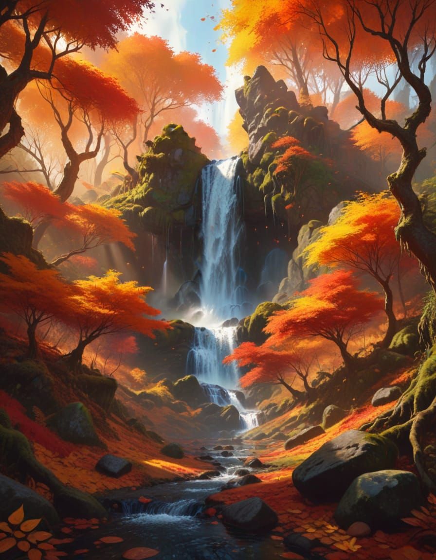 Fantasy Waterfall in Autumn Forest Under Starry Night