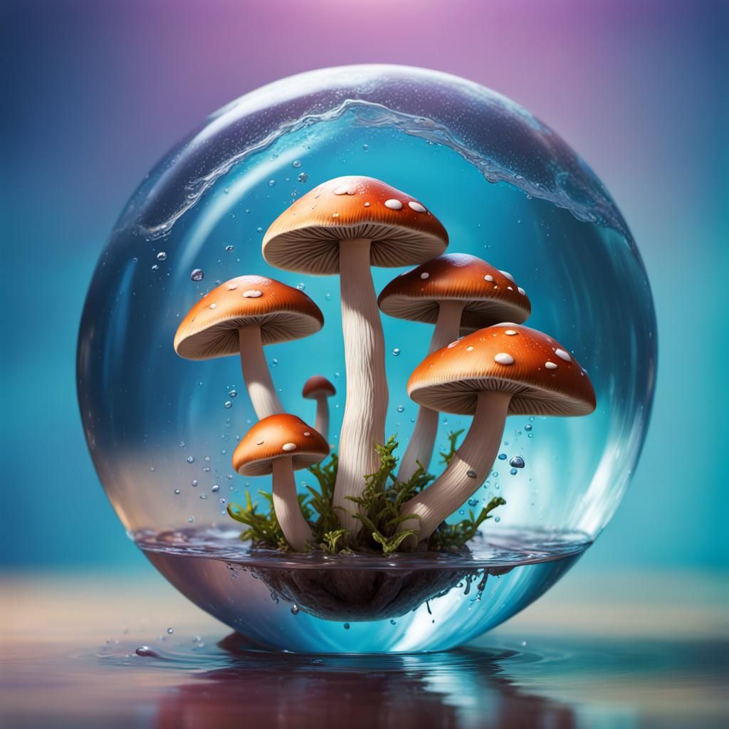 Mushroom in Water Globe: Hyperrealistic Splash Art