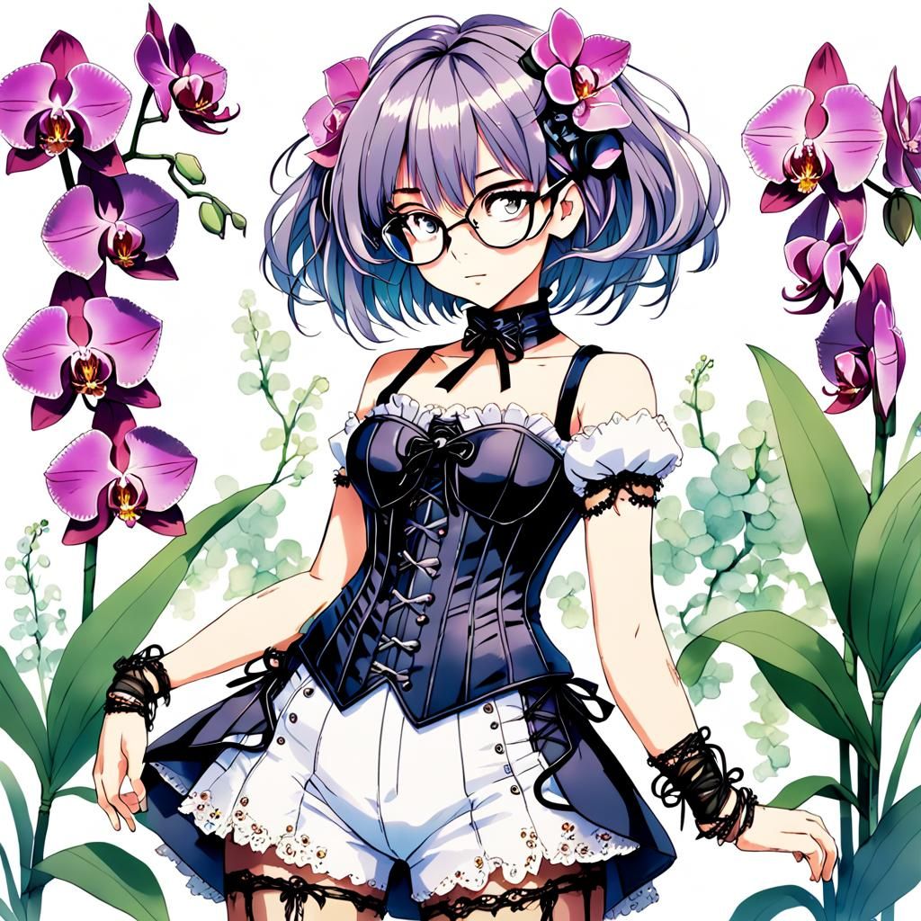 Anime Woman with Glasses and Orchid, 80s Style
