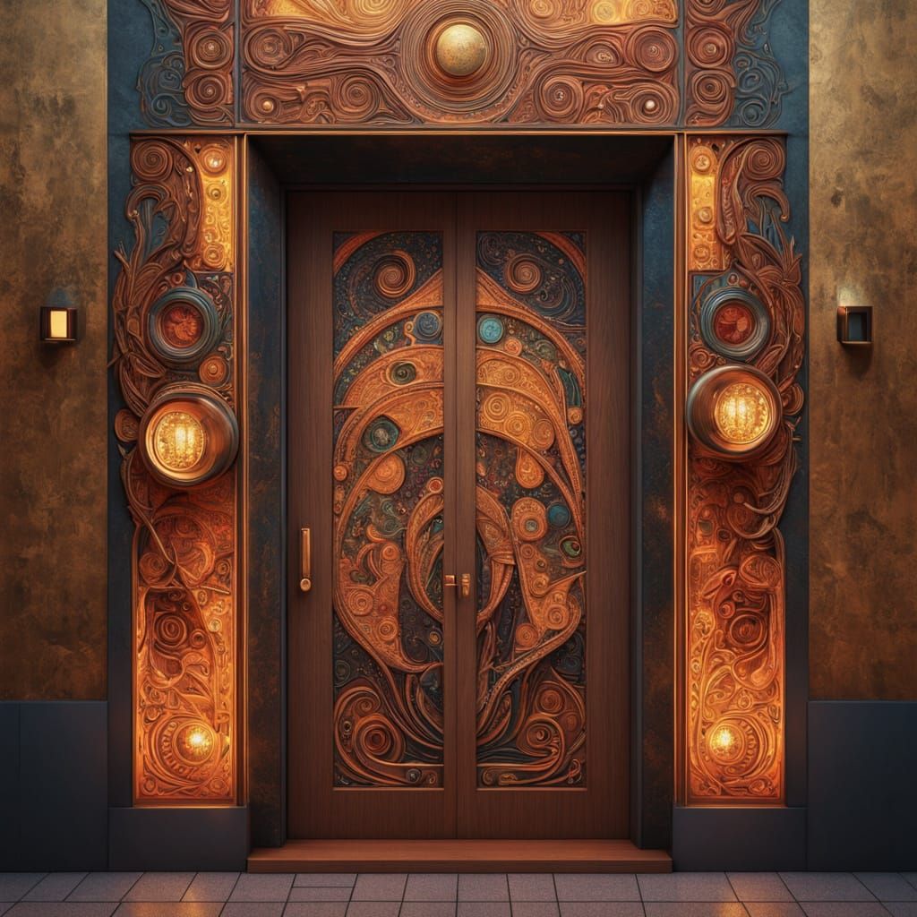 Cyberpunk Cityscape with a Wooden Door in 8K