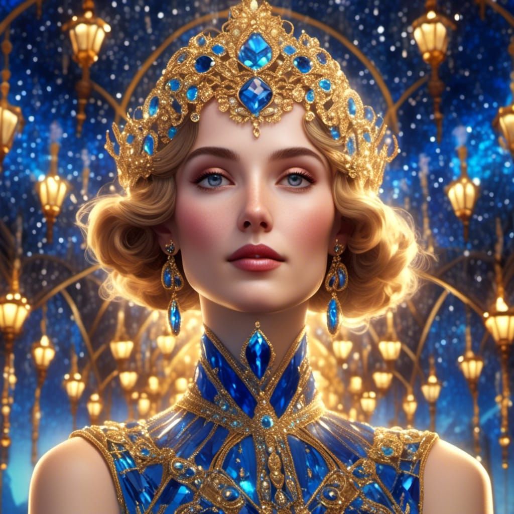 Art Deco Woman in Gold and Blue Gown