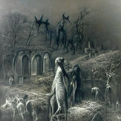 Gothic Wendigo in Gustave Doré Style Cemetery