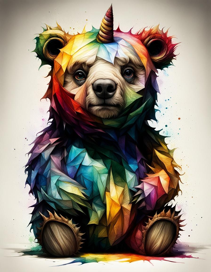 Cyborg Bear-Unicorn-Dragon Portrait in Volcanic Jungle